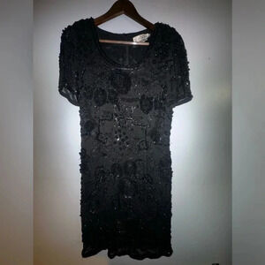 Vintage Oleg cassini woman’s black tie beaded cocktail dress size 8 party formal